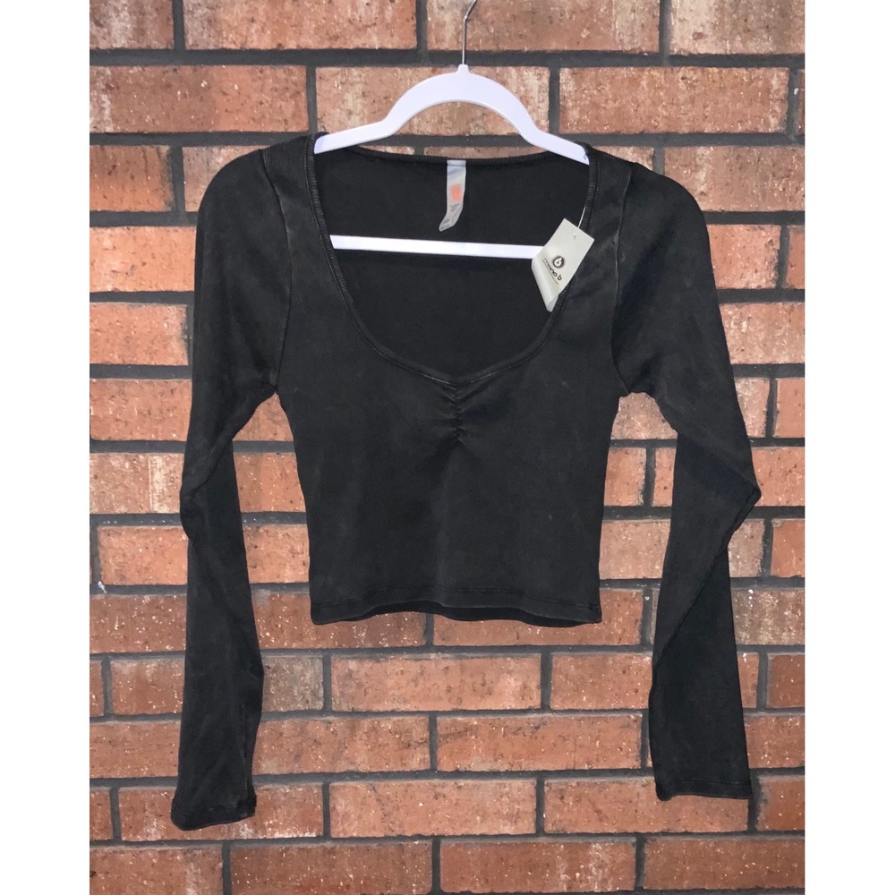 Mono B Womens Ribbed Long Sleeve‎ Sweetheart Crop Top Mineral Wash Black Size M